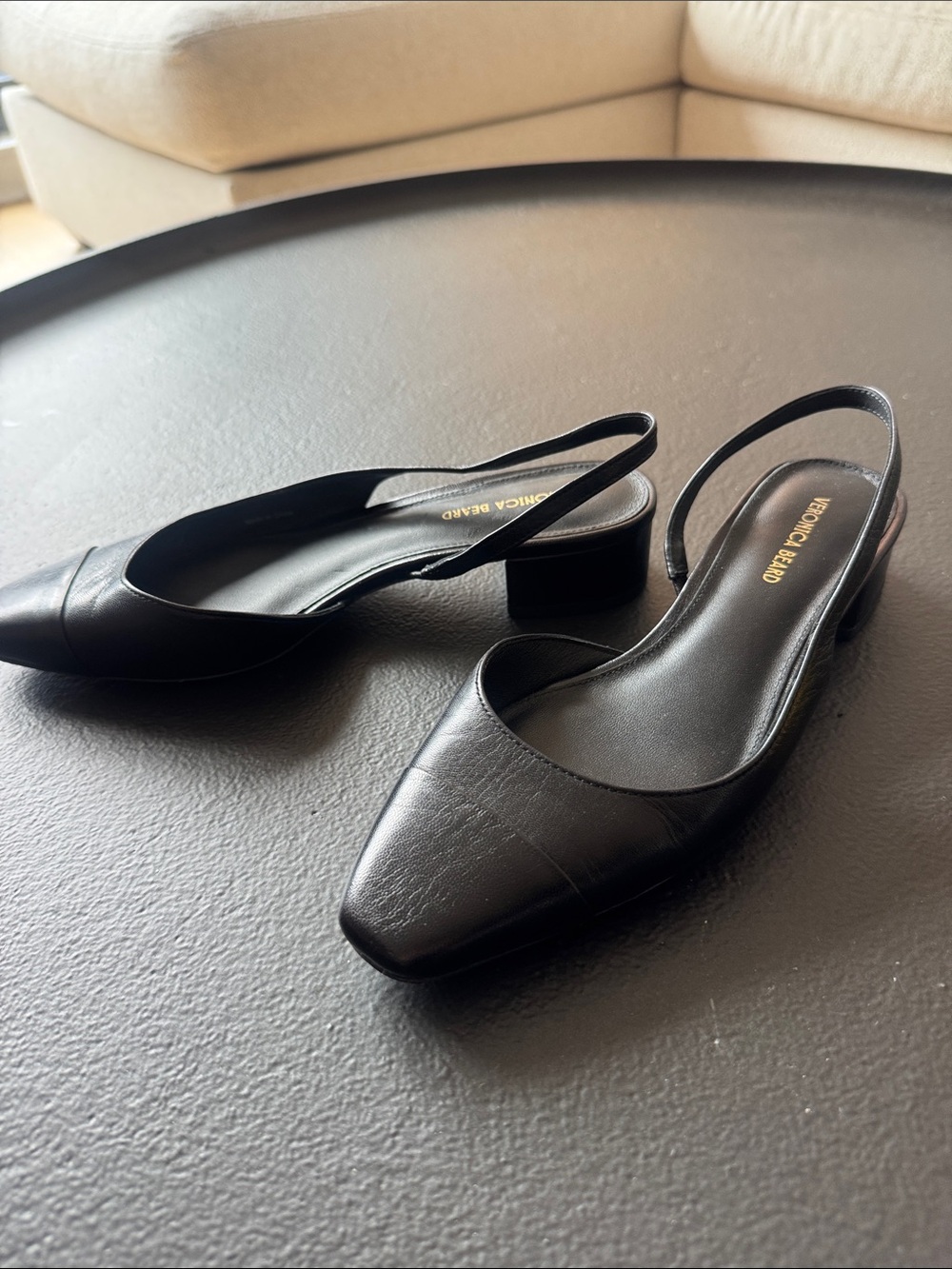Veronica Beard Black Leather Slingback Block Heel Mules